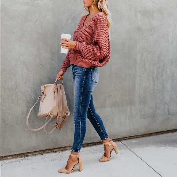 Knit V Neck Sweater - Dusty Cedar - Picture 4 of 8